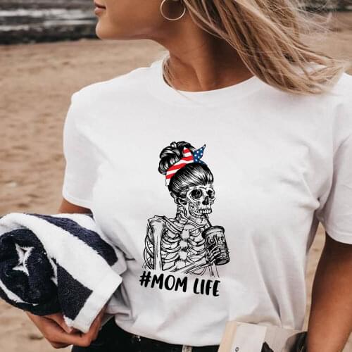 Skeleton With Coffee 100%Cotton Printed Womens T-Shirt Mothers Day Gift Mom Life O-Neck Pullover Short Sleeve Tops Mama Tee