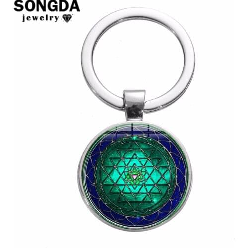 SONGDA Sri Yantra Meditation Keychain Sacred Geometry Mandala Patterns Silver Plated Glass Dome Key Chain Chakra Spiritual Gifts