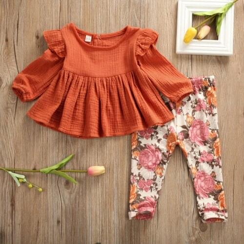 Newborn Kid Baby Girl Solid Clothes Top Shirt+Flower Print Pants Tracksuit Outfit Children Kids Autumn New Fashion Set