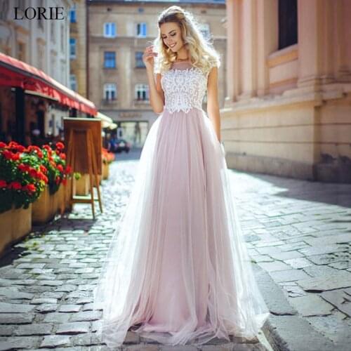 LORIE Pink Wedding Dresses 2019 A Line Tulle Wedding Gowns Lace Appliqued Vestido De Novia Backless Bride dress Custom made size