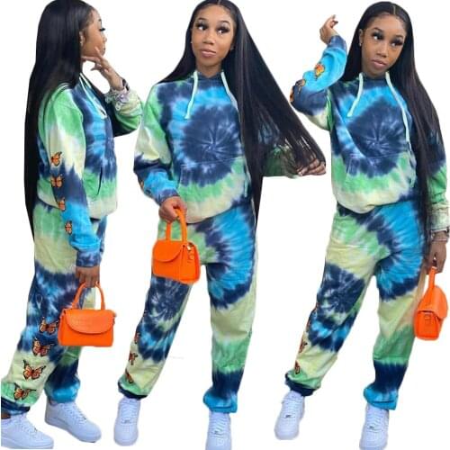 Echoine Winter Butterfly Tie Dye Print Top Hooded Top and pants Two Piece Set Casual Tracksuit Sporty Streetwear Set Clubwear