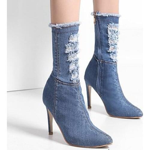 Pointed Toe cut out denim boots women knee-high boots plus size 36-42 jeans shoes zipper stiletto high heels chelsea boots 2020
