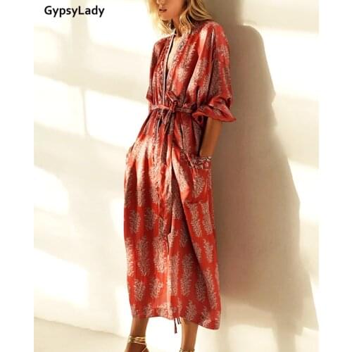 GypsyLady Red Floral Vintage Long Cardigan Kimono Autumn Long Sleeve Boho Blouses Belted Girls Holiday Pocket Bikini Cover Top