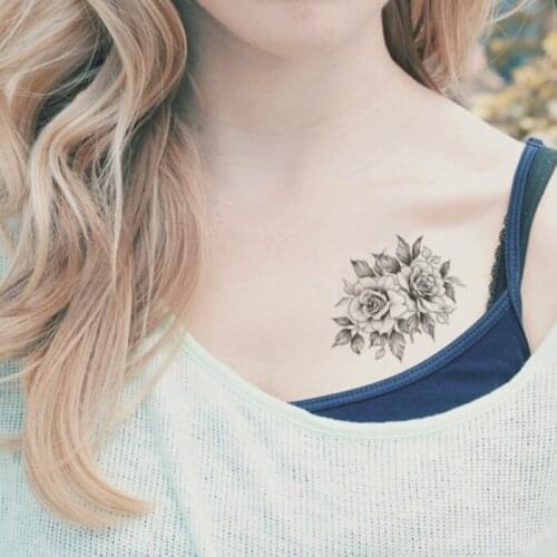 Waterproof Temporary Tattoo Sticker Black Big Rose Flower Fake Tattoos Flash Tatoo Ear Arm Chest Neck Leg Body Art for Women Men