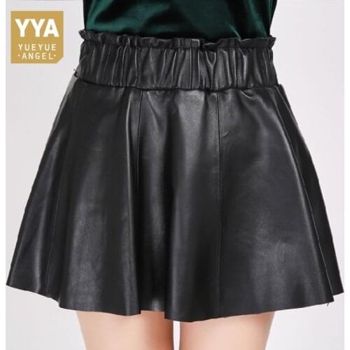 New Genuine Leather Slim A-Line Skirts Women Black Elastic Waist Soft Sheepskin Real Leather Pleated Skirts Lady Casual Clothes