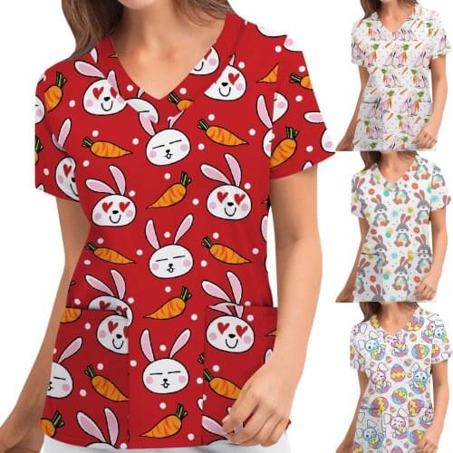 2021 Easter Cute Cartoon Rabbit Print Nursing Scrub Tops Women T Shirt Plus Size Casual Short Sleeve V-neck Nurse Uniform Clothe