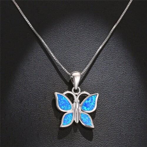 Luxury Female Big Butterfly Pendants Necklaces silver color Wedding Necklaces For Women Boho Blue Fire Opal Necklace