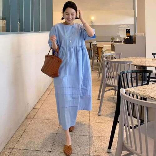 Johnature 2021 New Loose Women Dresses Korean Summer O-neck Half Sleeve Solid Color Casual Back Tie Female Dress