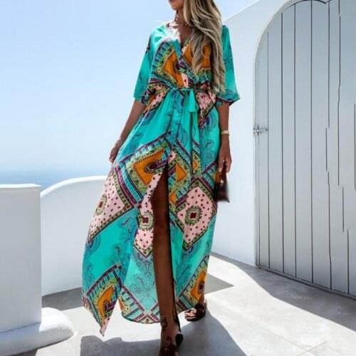 2021 Summer Fashion Casual Floral Ethnic Print Women Long Beach Dress V Neck Summer High Split Lace-Up Boho Dress Beachwear Robe