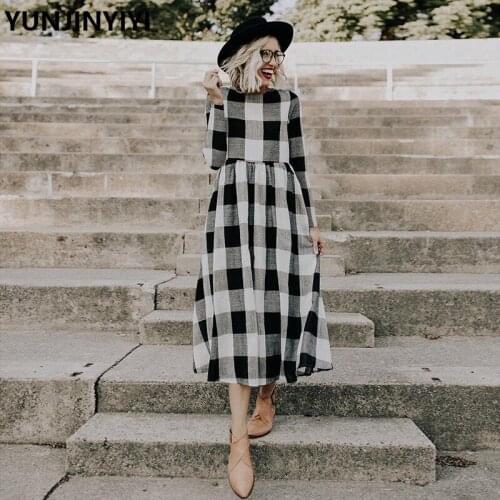 New Arrivals Fashion Women Casual Plaid Printing Round Neck Dress Long Sleeve Evening Party Dress Female Dresses Vestidos