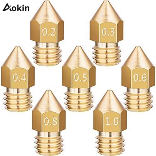 Aokin 5pcs MK8 Nozzle 0.4mm 0.3mm 0.5mm 0.8mm Copper Head Brass M6 Threaded 1.75mm 3.0mm Filament 3D Printer Extruder Nozzle