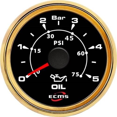 Marine Boat Yacht Automotive Pressure Gauge 0-5 Bar 9-32V 10-184 OHMS 52mm 2 Inch 316L Gold Bezel Black Dial 802-00028