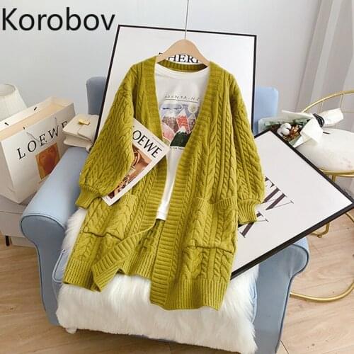 Korobov 2021 New Autumn Long Knit Women Cardigans Korean Chic V Neck Oversize Cardigan Japanese Pockets Sweet Sweaters