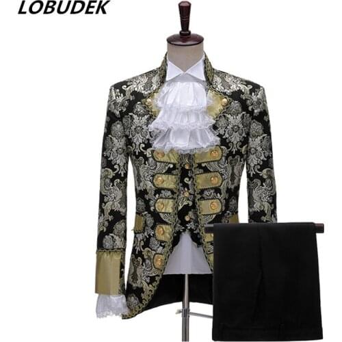 Mens Drama Court Tuxedo Suit Fashion Vintage Jacquard Embroidery Suits Wedding Groom Dress Singer Stage Performance 3-Piece Set