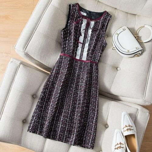 Small fragrant autumn winter plaid woolen vest dress women bowknot slim a-line dress
