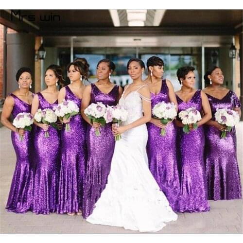 Mrs win Bridesmaid Dresses Elegant Bling Purple Sequins Wedding Party Dress V-neck Plus Size Long Mermaid Vestido Madrinha HR175