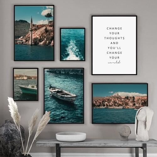 Blue Seawater Boat Observation Tower Wall Art Canvas Painting Nordic Posters and Prints Wall Pictures for Living Room Home Decor