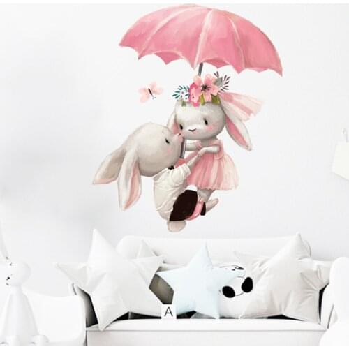 Rabbit Wall Stickers For Girl Room Wall ​Decals Pink Flower Cat Baby Nursery Cute Grey Bunny For Kids Room