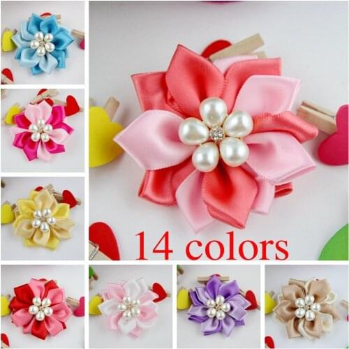 Free Shipping 20 pcs/lot 2.36"Solid Satin Flower,Pearl Satin Flower,Handmade Satin Flower With Pearl,Flower Without Clip