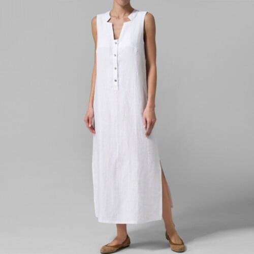 Woman Cotton Linen Dress Vintage Summer Solid Long Dress 2020 Sexy V Neck Sleeveless Sundress Beach Vestidos Plus Size Women 5XL