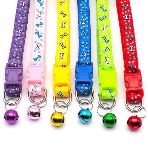 Adjustable 19-30cm Dog Collar for Small Medium Dogs Plastic Button Bone Print Decoration Pet Collar Bell Accessories Dog Collar