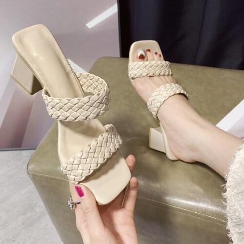 Leather Braided High Heel Sandals Women Runway Party Shoes Woman Cross Wove Folds Mules Shoes Sexy Thin Heel Slippers