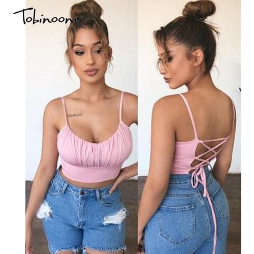 Tobinoone Ruched Solid Short T-Shirts Lace up Summer Tops Casual Sexy Tank Women Sleeveless Female Cardigan Backless Party Tops