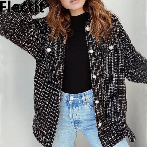 Flectit Women Tweed Shirt Jacket Overshirt Pearl Button Flap Pocket Lapel Collar Long Sleeve Shacket