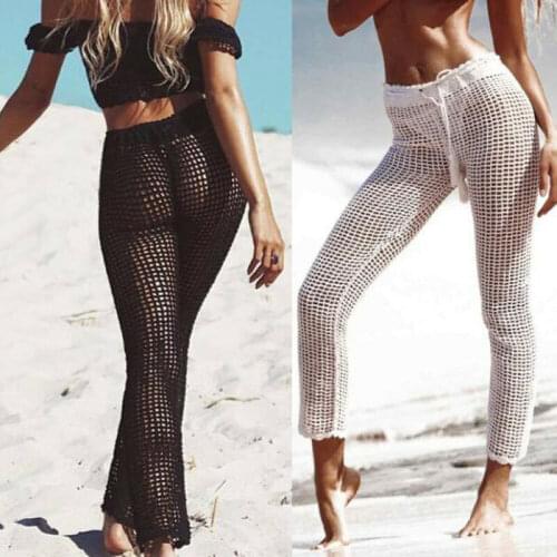 Women Beachwear Fish Net Pants Crochet Fishnet Hollow Out See-through Wide Leg Trousers
