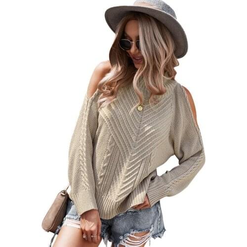CINESSD Women Cold Shoulder Pullovers Solid Sweaters 2021 O Neck Long Sleeves Autumn Winter Casual Loose Female Knitted Sweater