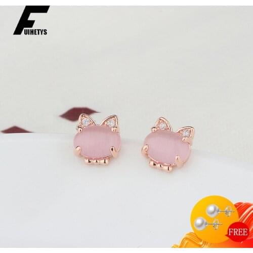 Fashion 925 Silver Jewelry Earrings for Women Cat Shape Rose Quartz Zircon Gemstone Stud Earring Wedding Engagement Accessories