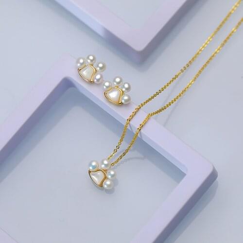 Natural Freshwater Pearl Set Jewelry with Sea Shell for Women 925 Sterling Silver Stud New Design Gold Color