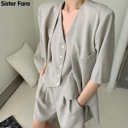 Sister Fara New Summer Ladies 3 Pieces Set Women Shorts Suits Short Sleeve Blazer+Single-breasted Vests+High Waist Loose Shorts