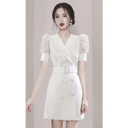 Women Elegant Double Breasted Fashion Dress Korean Style Summer Sheath Pencil Dress Simple White Work Slim Bodycon Vestidos 2021