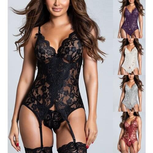 Womens Underwear Sexy Lingerie Bodysuit Sexy Body Woman Bowknot Halter Erotic Lingerie Lace Bodysuits Porn Teddies With Garter