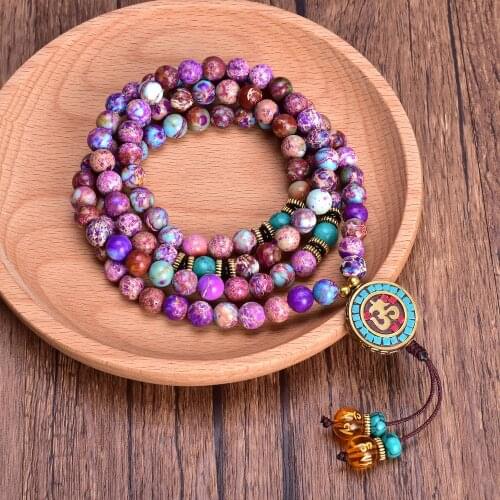 8mm Violet Imperal Jaspers Women Necklace Japamala 108 Beaded Necklace Meditation Yoga Spirit Tibetan Buddha OM Jewelry Dropship