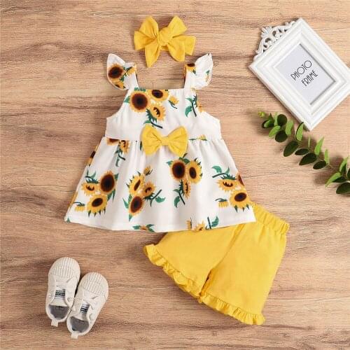 1-4 Years Summer Baby Girls 3Pcs Suits Kids Sunflower Sleeveless Ruffle Sleeves Tank Top + Elastic Waist Shorts + Hairband