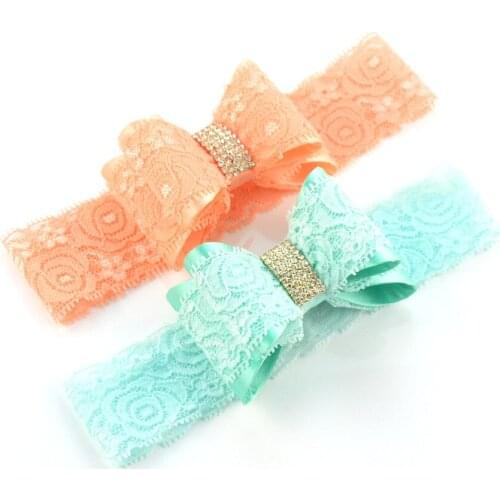 12 PCS/lot , Stunning Rhinestone Double Stacked Lace Satin Bow on Elastic Lace Headband