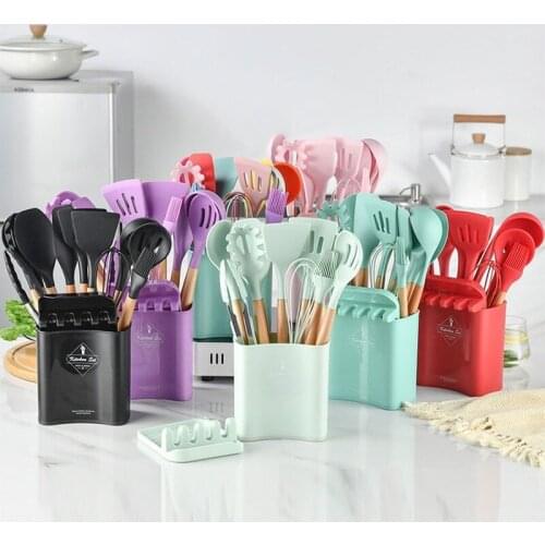 12-Piece Multi-Color Silicone Spoon Spatula Clip Non Stick Cookware Sets Kitchenware Set with Square Storage Bucket