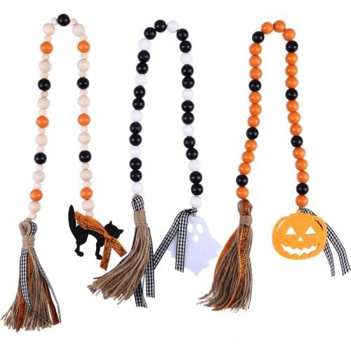 3PCS Halloween Wooden Bead Tassels With Pumpkin Ghost Tray Decor Party Farmhouse Country Beads Garland Decoration