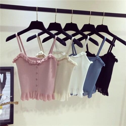 5 Colors New Summer Tops For Women 2018 Casual Button Camis Tank Top Womens Sleeveless Spaghetti Strap Crop Tops Knitted Vest