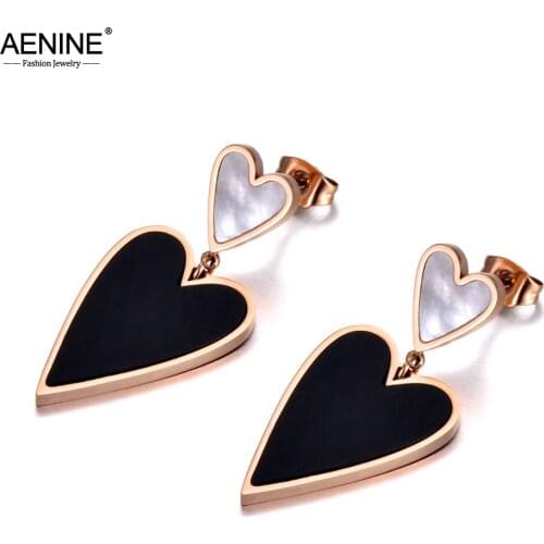 AENINE New Titanium Stainless Steel Black Acrylic & White Shell Bohemia Earrings Double Heart Earrings For Women Girls AE20033