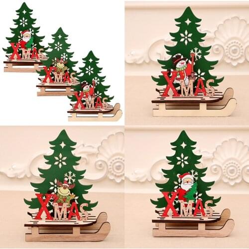 Behogar DIY Wooden Christmas Sleigh Decorations Santa Deer Snowman Tree Table Top Ornaments for Home Office Xmas Party Supplies