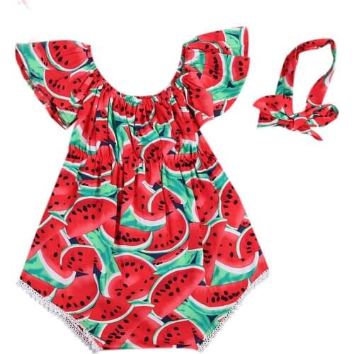2pcs Set Baby Girls Watermelon Print Short Sleeve Round Neck Bodysuit Girl Bowknot Headband Summer Newborn Romper Clothes Set