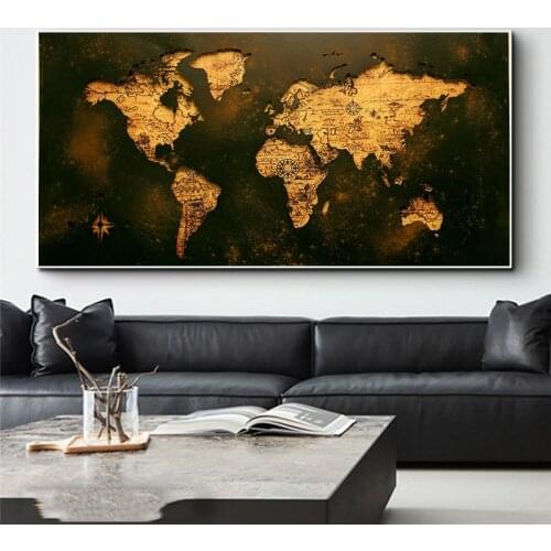 Black Gold World Map Picture Canvas Painting Modern Classic Style Wall Art Abstract Mural Decor for Living Room Cuadros Unframed