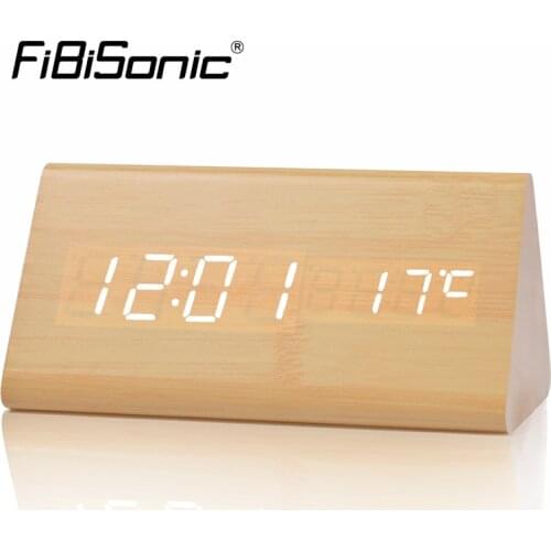 FiBiSonic Wood Alarm Clock Digital LED Clock Sound Control Desktop Clocks Temperature Electronic Display Home Decor Clock