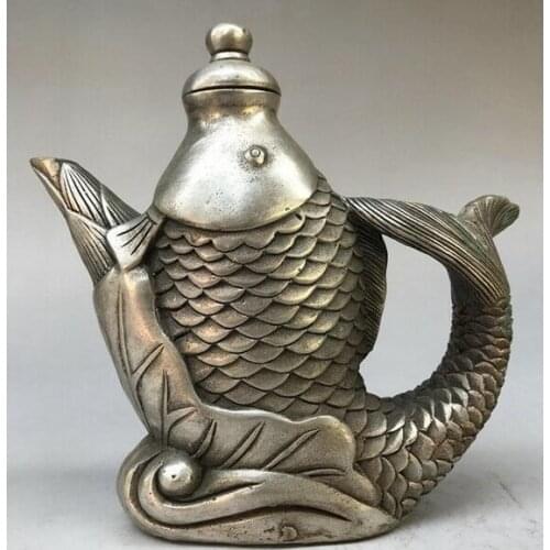 Chinese Collection Tibetan Silver Copper Hand-carved Fish Water Pot Teapot Wine Pot Bottles Animal Statue