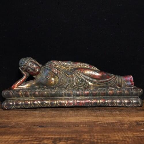 8"Chinese temple collection Old Bronze Lacquer Cinnabar Shakyamuni Buddha Sleeping buddha Meditating buddha Ornaments Town House