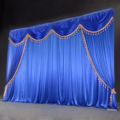 Ice silk chiffon fabric wedding backdrop with swags and tassel drape curtain for wedding stage event party birthday decoration