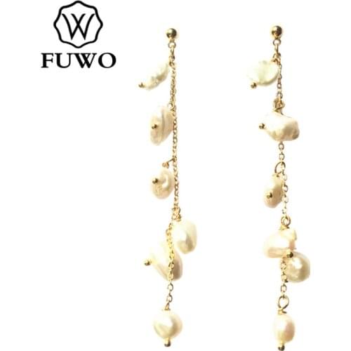 FUWO Fashion Irregular Pearl Earrings with Gold Chain Natural Freshwater Pearl Earrings Women Beach Holiday Jewelry ER532